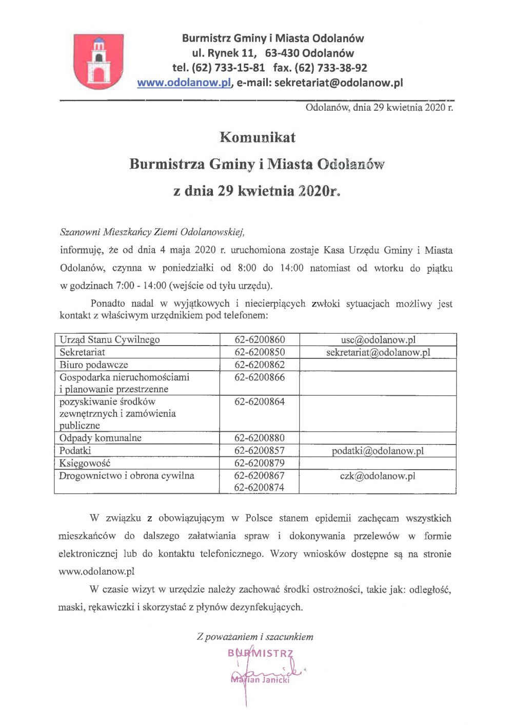Komunikat Burmistrza z 29.04.2020r.