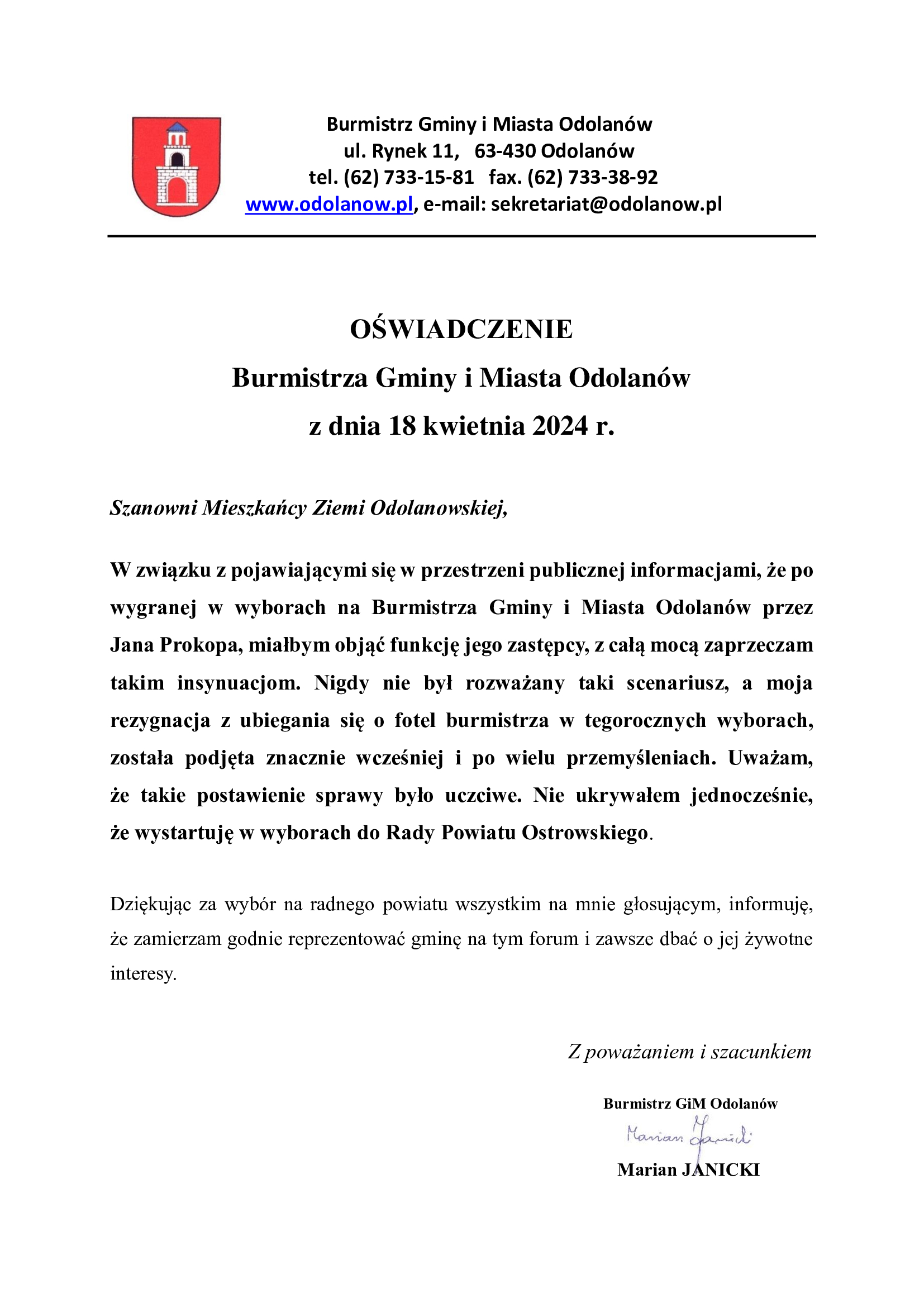 Oświadczenie Burmistrza Gminy i Miasta Odolanów z dnia 18 kwietnia 2024 r.
