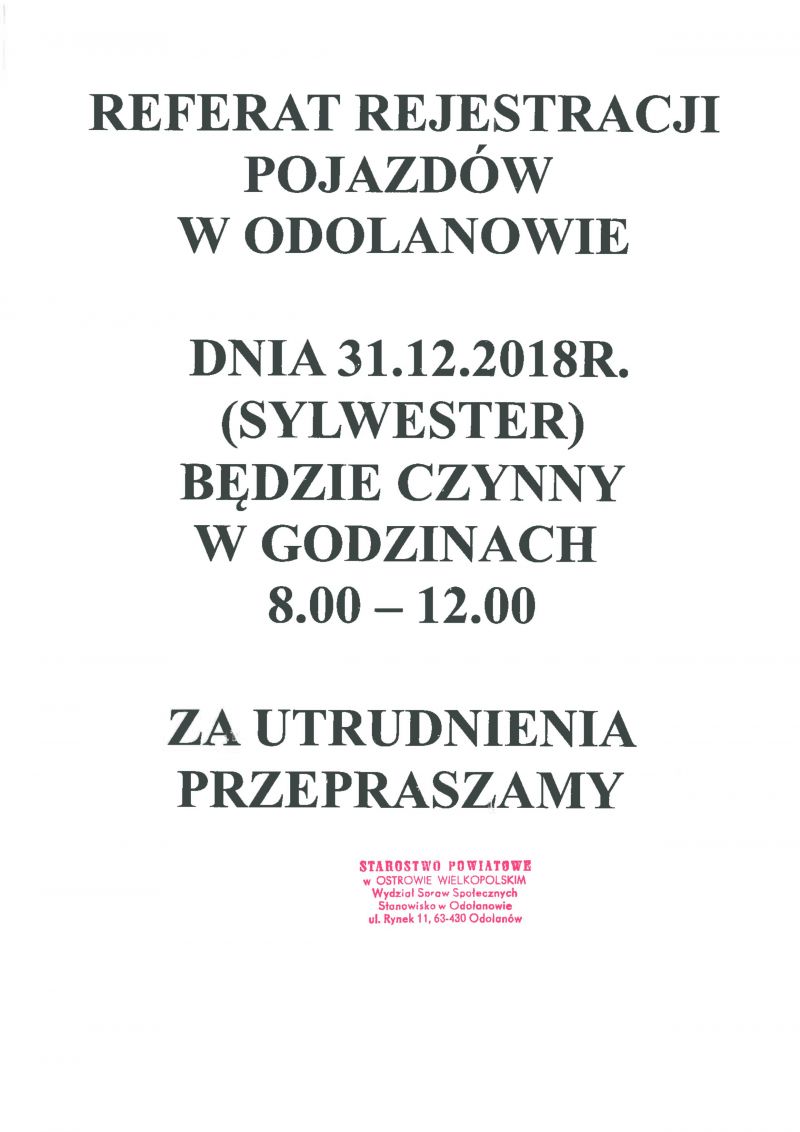 zmiany w godzinach otwarcia referatu rejestracji