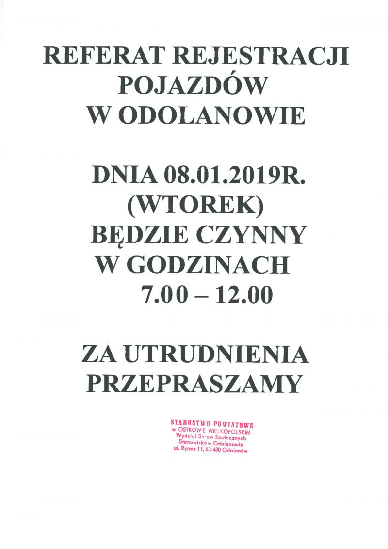 zmiany w godzinach otwarcia referatu rejestracji