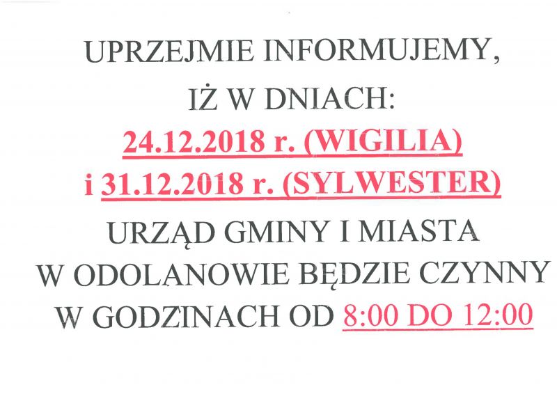 Ogłoszenie- godziny otwarcia Urzędu w dniach 24.12.2018, 31.12.2018