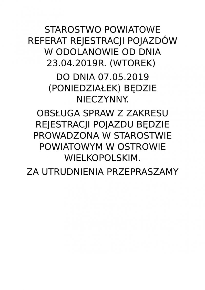 STAROSTWO POWIATOWE REFERAT REJESTRACJI POJAZDÓW W ODOLANOWIE OD DNIA 23-1