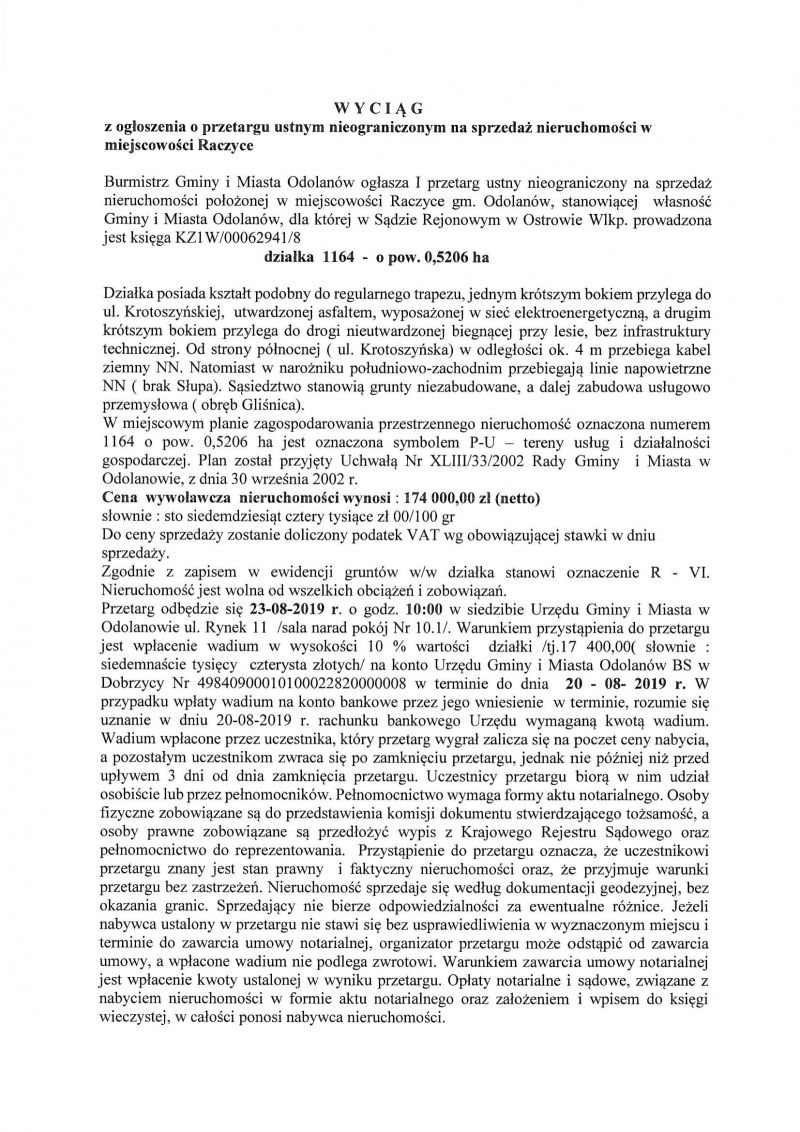Wyciąg z ogłoszenia o przetargu ustnym nieograniczonym na sprzedaż nieruchomości w miejscowości Raczyce - działka 1164-1
