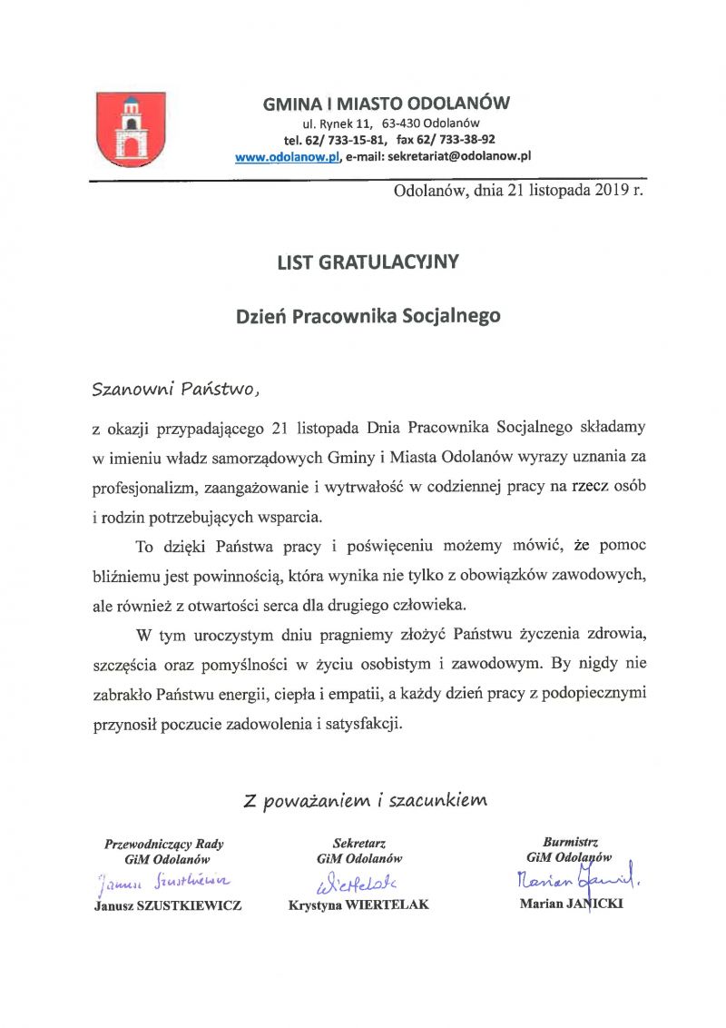 Dzień Pracownika Socjalnego List Gratulacyjny