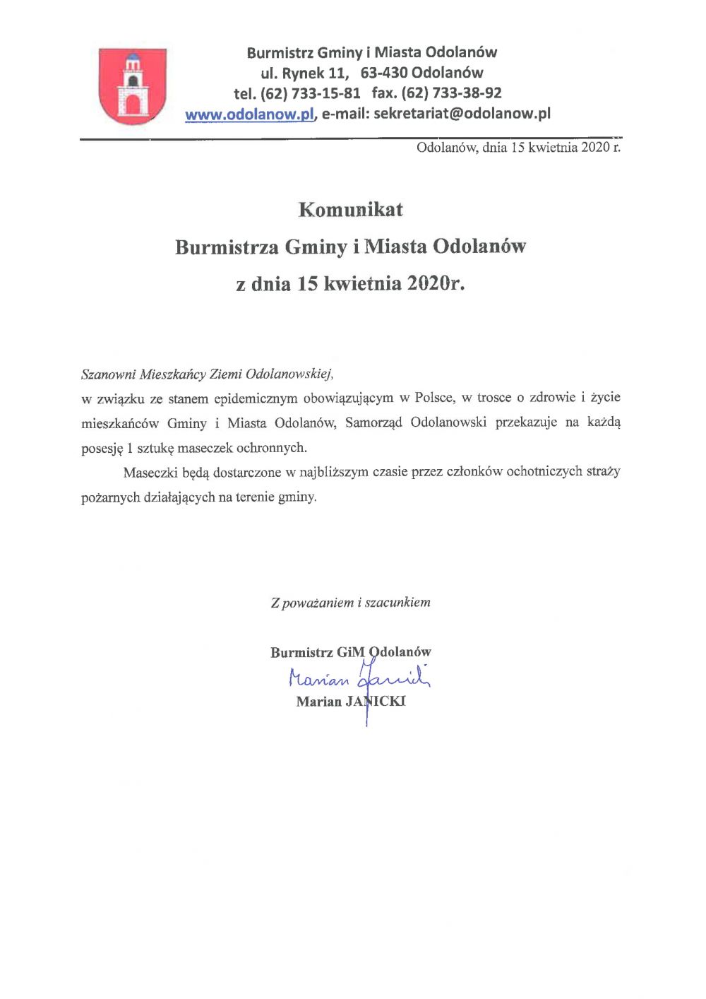 Komunikat Burmistrza Gminy i Miasta Odolanów z dnia 15.04.2020