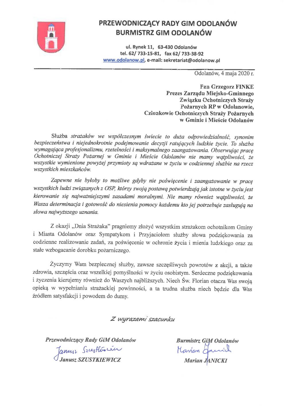 Życzenia dla strażaków