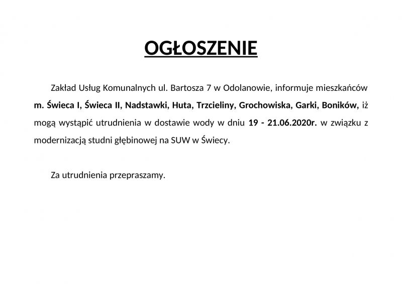 Ogłoszenie SUW Świeca-1