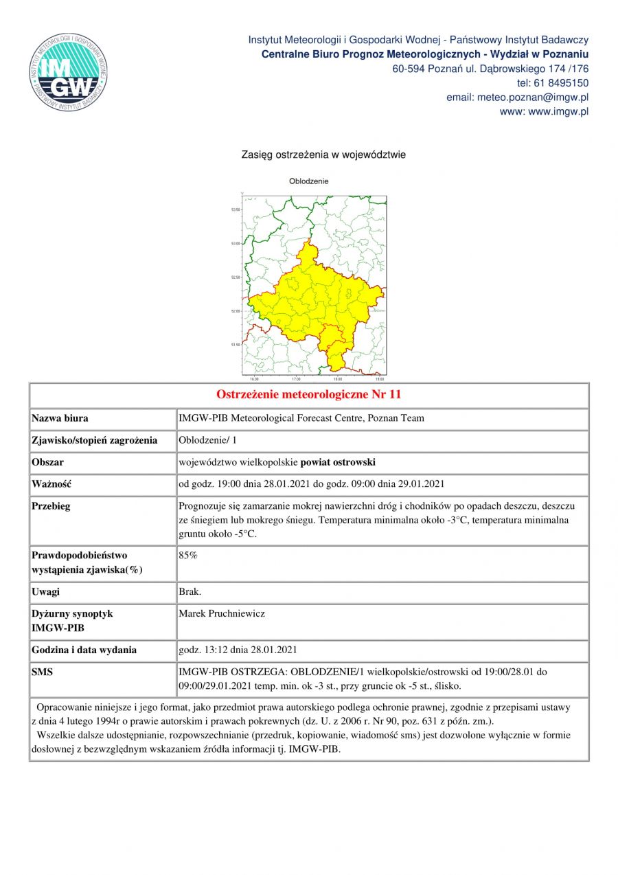 ostrzeżenie o oblodzeniach na drodze