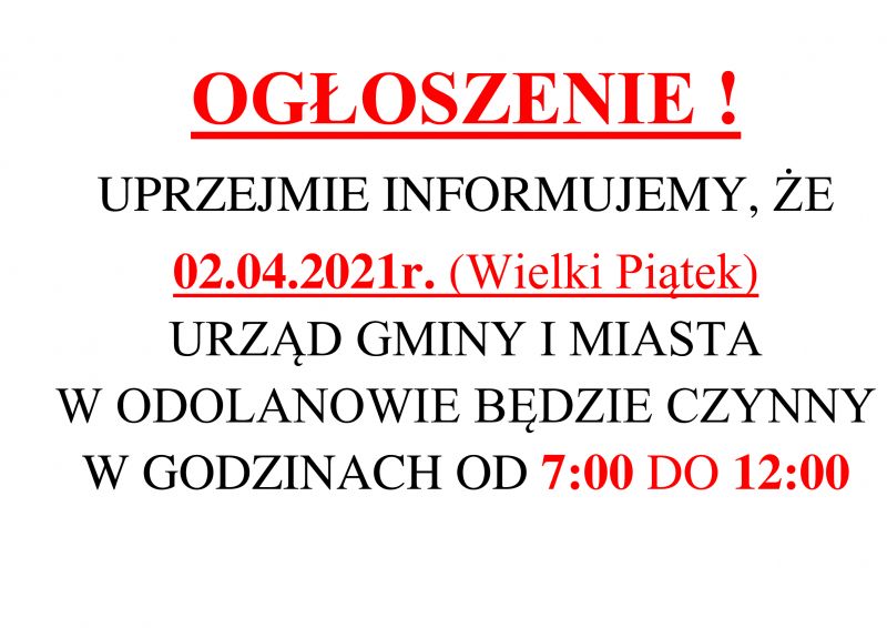 Zmiana godzin pracy Urzędu Gminy i Miasta w Odolanowie