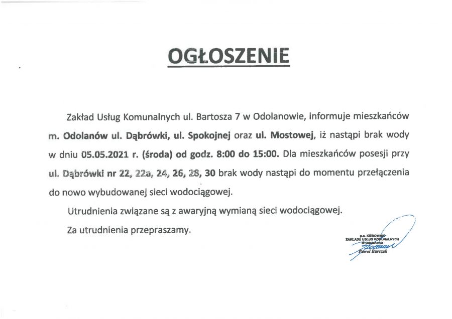 Brak wody w dniu 05.05.2021r.