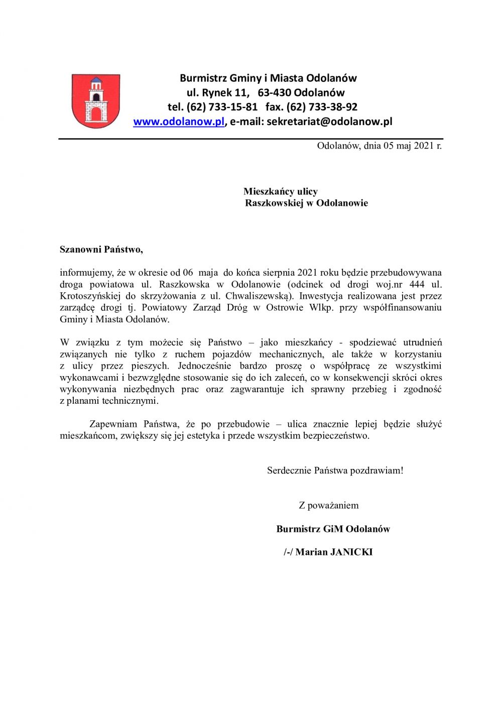 Komunikat w sprawie przebudowy ul. Raszkowskiej w Odolanowie