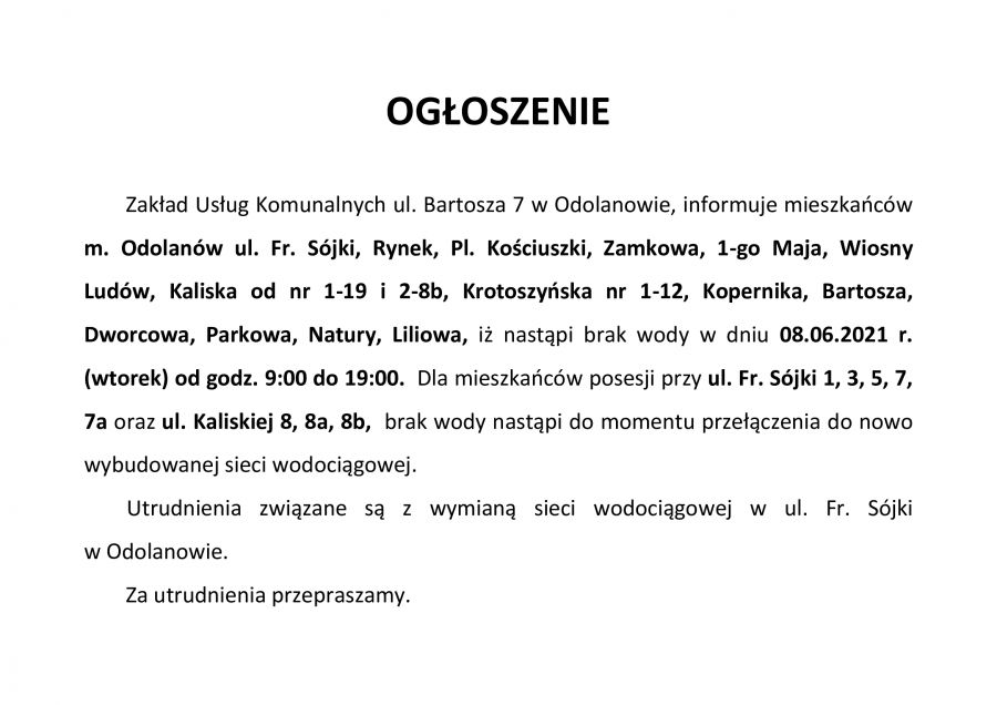 Przerwy w dostawie wody w dniu 08.06.2021 r. na ul. Fr. Sójki, Rynek, Pl. Kościuszki, Zamkowa, 1-go Maja, Wiosny Ludów,...