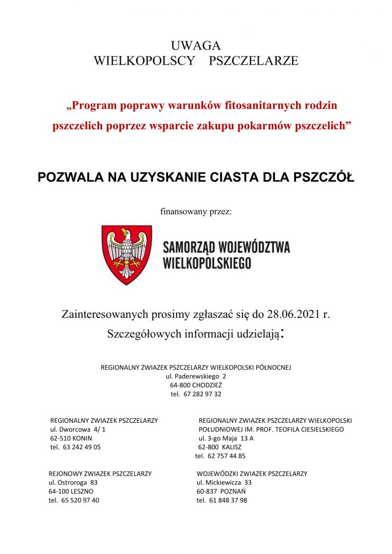 „Program poprawy warunków fitosanitarnych rodzin pszczelich poprzez wsparcie zakupu pokarmów pszczelich” Zainteresowanych...