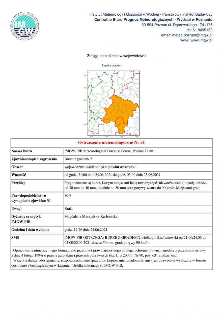 Prognozowane są burze, którym miejscami będą towarzyszyć [ulewne/nawalne] opady deszczu od 30 mm do 40 mm, lokalnie do 50...