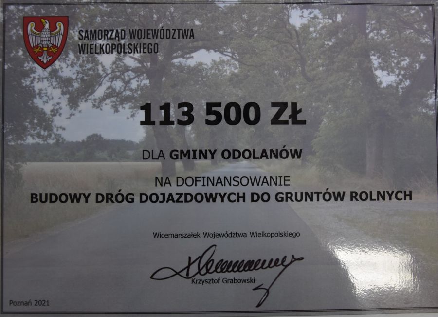 Dotacja dla Gminy i Miasta Odolanów w kwocie 113 500 zł na dofinansowanie budowy dróg dojazdowych do gruntów rolnych