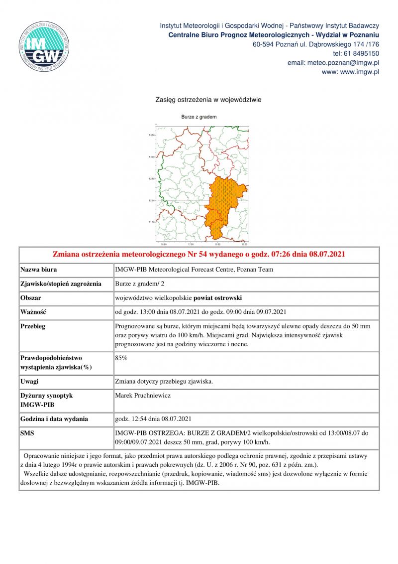 Prognozowane są burze, którym miejscami będą towarzyszyć ulewne opady deszczu do 50 mm oraz porywy wiatru do 100 km/h...