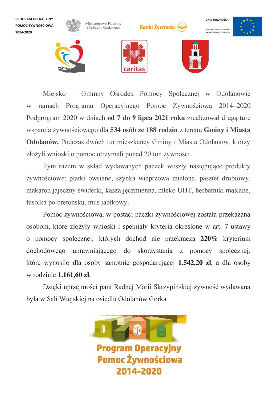 Miejsko – Gminny Ośrodek Pomocy Społecznej w Odolanowie w ramach Programu Operacyjnego Pomoc Żywnościowa 2014–2020...