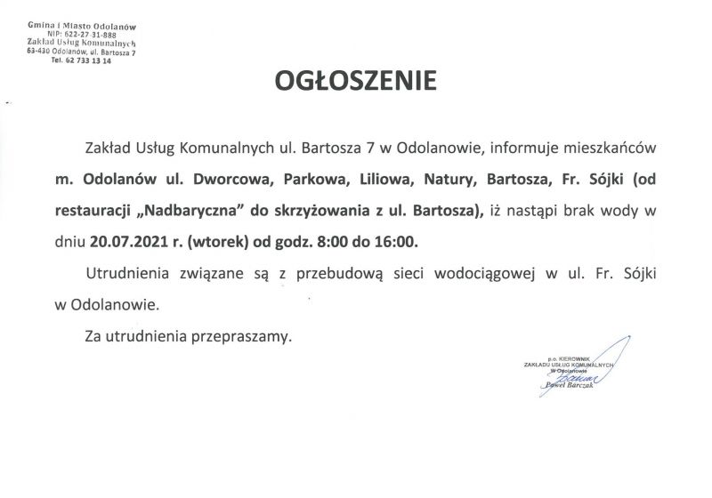 Brak wody w dniu 20.07.2021r. (wtorek) od godziny 8.00 do 16.00 dla mieszkańców ul. Dworcowa, Parkowa, Liliowa, Natury,...