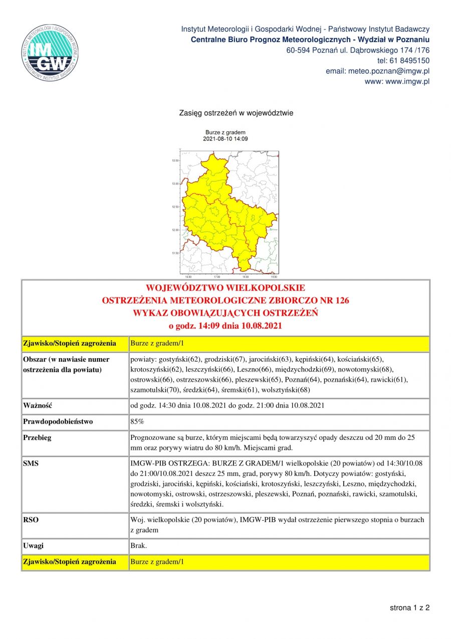 Prognozowane są burze, którym miejscami będą towarzyszyć opady deszczu od 20 mm do 25 mm oraz porywy wiatru do 80 km/h...