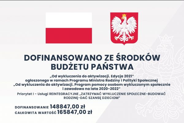 Dofinansowano ze środków budżetu Państwa "Od wykluczenia do aktywizacji. Edycja 2021". Ogłoszonego w ramach programu...