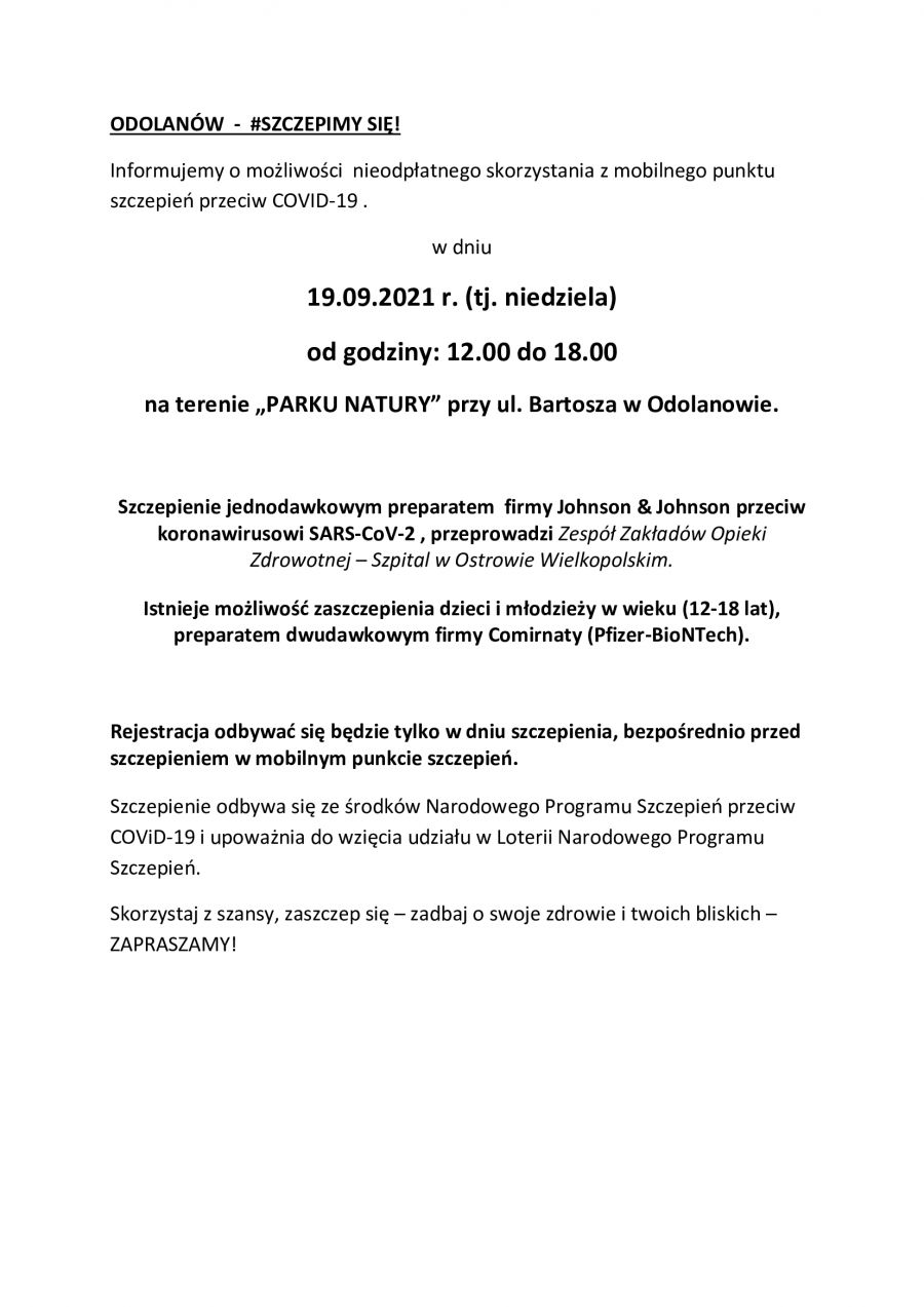 w dniu 19.09.2021 r. (tj. niedziela) od godziny: 12.00 do 18.00 na terenie „PARKU NATURY” przy ul. Bartosza w Odolanowie