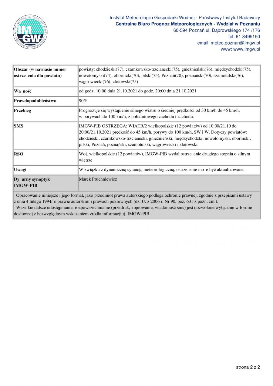 IMGW-PIB OSTRZEGA: WIATR/1 wielkopolskie (23 powiatów) od 10:00/21.10 do 20:00/21.10.2021 prędkość do 40 km/h, porywy do 90...