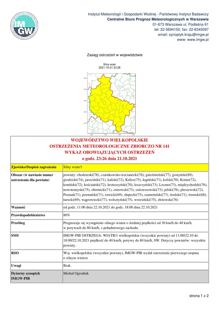 IMGW-PIB OSTRZEGA: WIATR/1 wielkopolskie (wszystkie powiaty) od 11:00/22.10 do 18:00/22.10.2021 prędkość do 40 km/h, porywy...