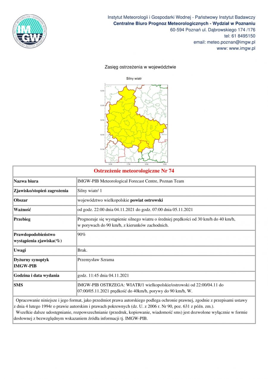 IMGW-PIB OSTRZEGA: WIATR/1 wielkopolskie/ostrowski od 22:00/04.11 do 07:00/05.11.2021 prędkość do 40km/h, porywy do 90...