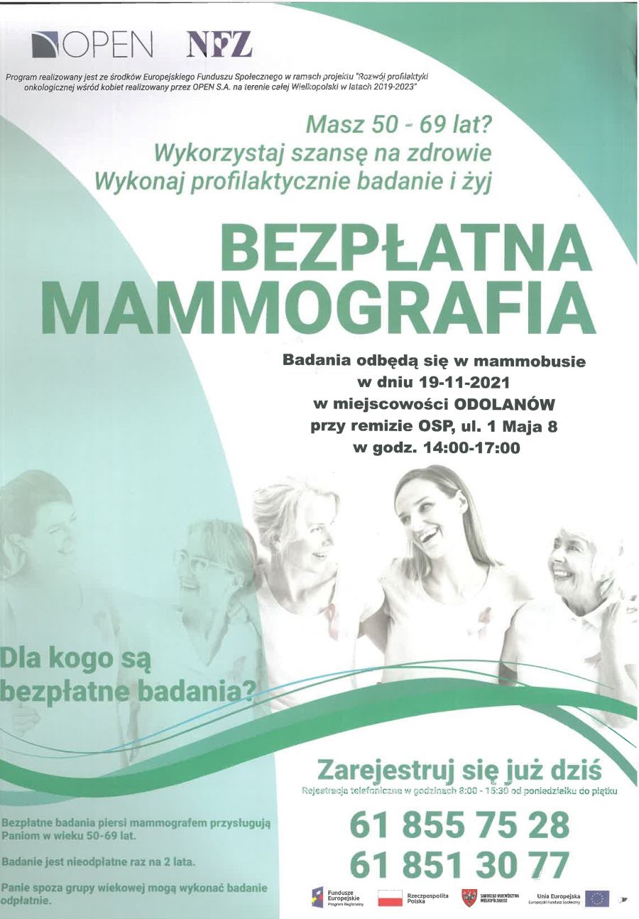 Masz 50-69 lat? Wykonaj profilaktyczne badanuie. Odbędą się one w mammobusie w dniu 19.11.2021 w misjscowości Odolanów przy...