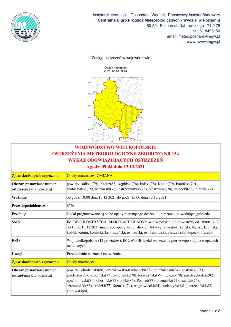 IMGW-PIB OSTRZEGA: MARZNĄCE OPADY/1 wielkopolskie (12 powiatów) od 10:00/13.12 do 15:00/13.12.2021 marznące opady, drogi...