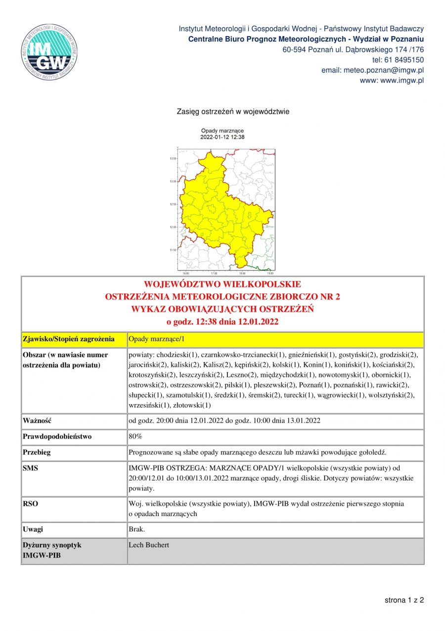 IMGW-PIB OSTRZEGA: MARZNĄCE OPADY/1 wielkopolskie (wszystkie powiaty) od 20:00/12.01 do 10:00/13.01.2022 marznące opady,...