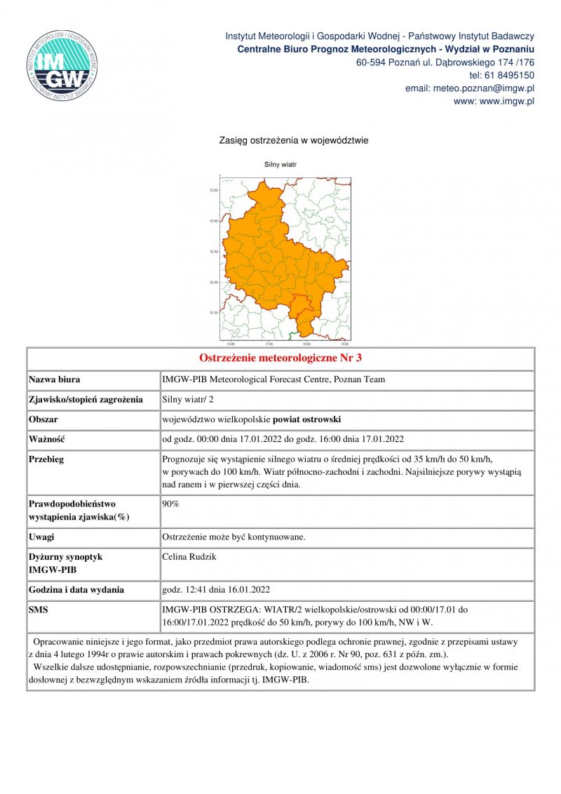 IMGW-PIB OSTRZEGA: WIATR/2 wielkopolskie/ostrowski od 00:00/17.01 do 16:00/17.01.2022 prędkość do 50 km/h, porywy do 100...