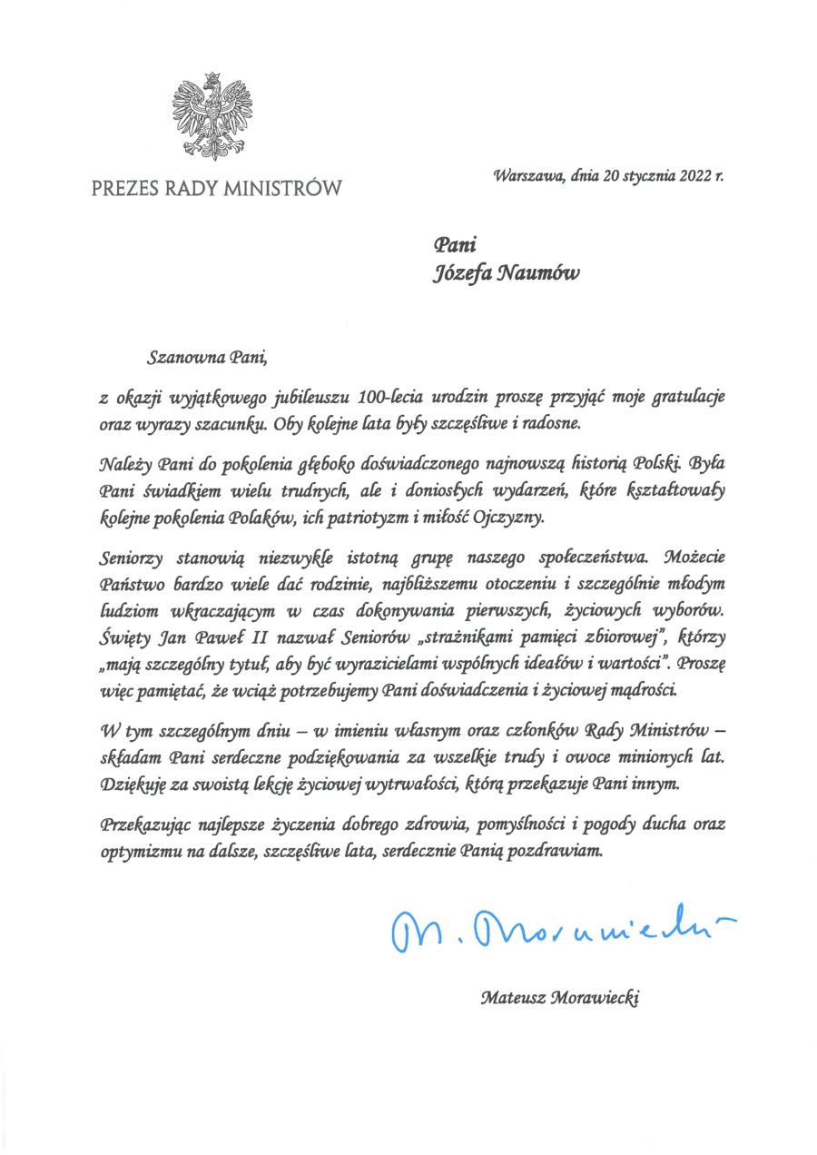List Gratulacyjny od Premiera Mateusza Morawieckiego