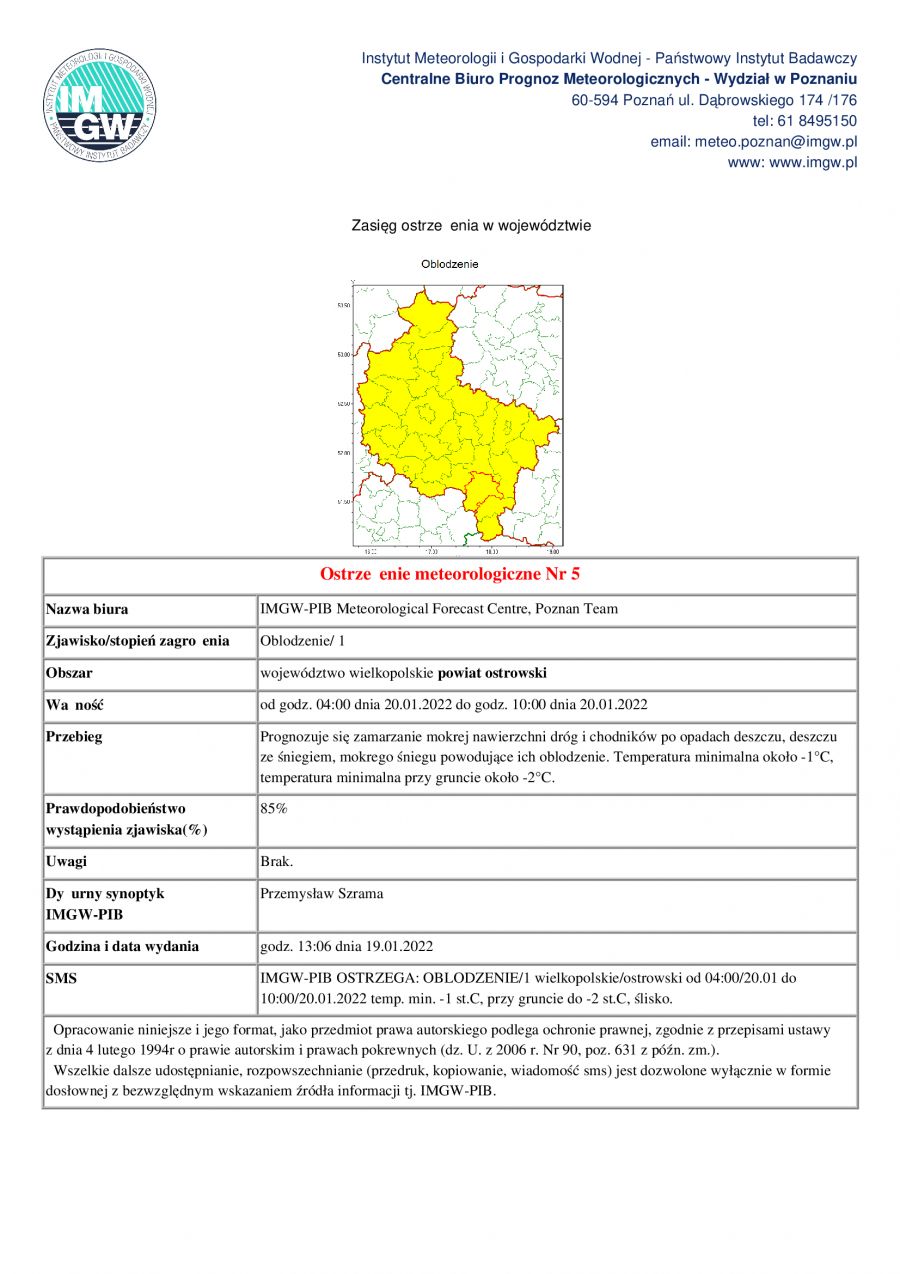 IMGW-PIB OSTRZEGA: OBLODZENIE/1 wielkopolskie/ostrowski od 04:00/20.01 do 10:00/20.01.2022 temp. min. -1 st.C, przy gruncie...