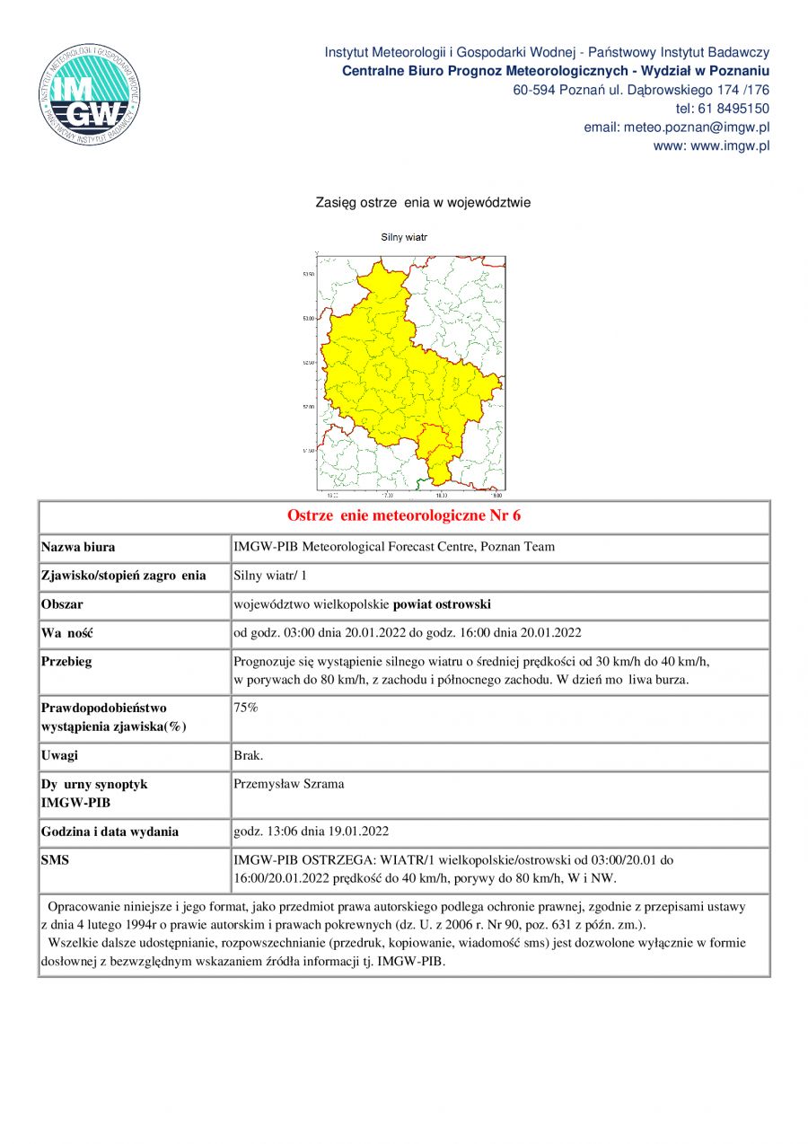 IMGW-PIB OSTRZEGA: WIATR/1 wielkopolskie/ostrowski od 03:00/20.01 do 16:00/20.01.2022 prędkość do 40 km/h, porywy do 80...