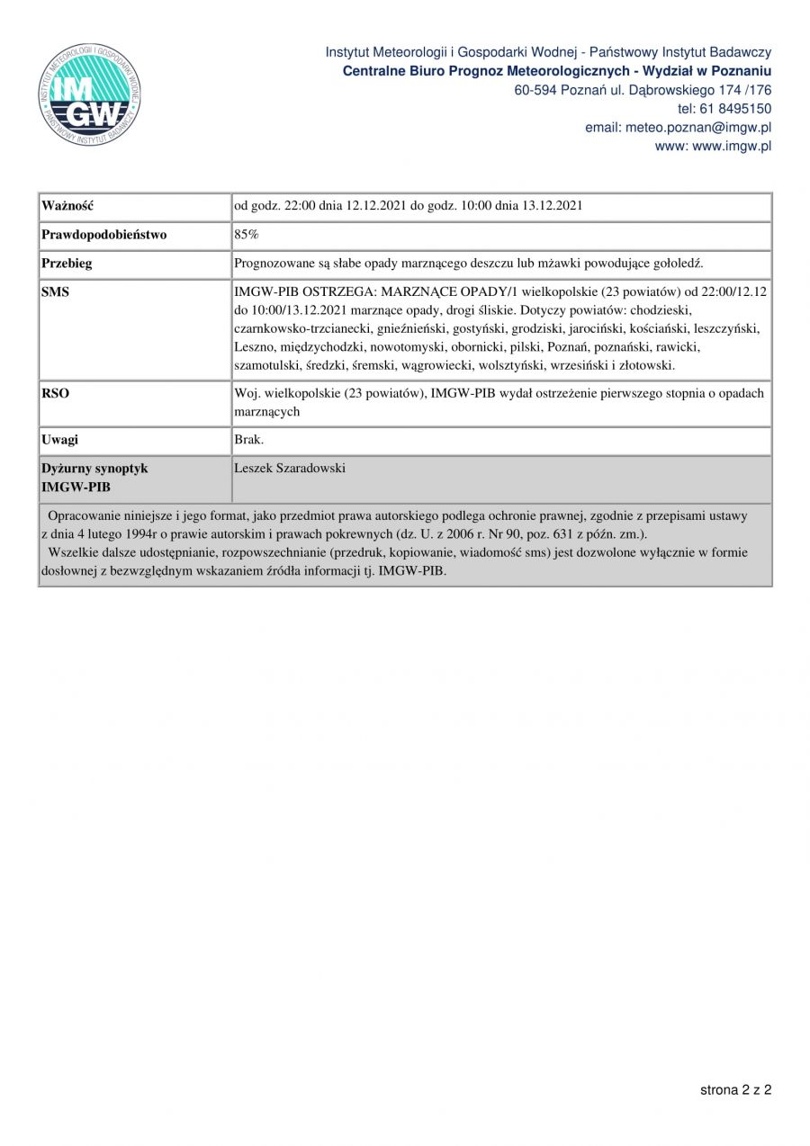 IMGW-PIB OSTRZEGA: OBLODZENIE/1 wielkopolskie (wszystkie powiaty) od 22:00/11.02 do 08:00/12.02.2022 temp. min. od -3 st...