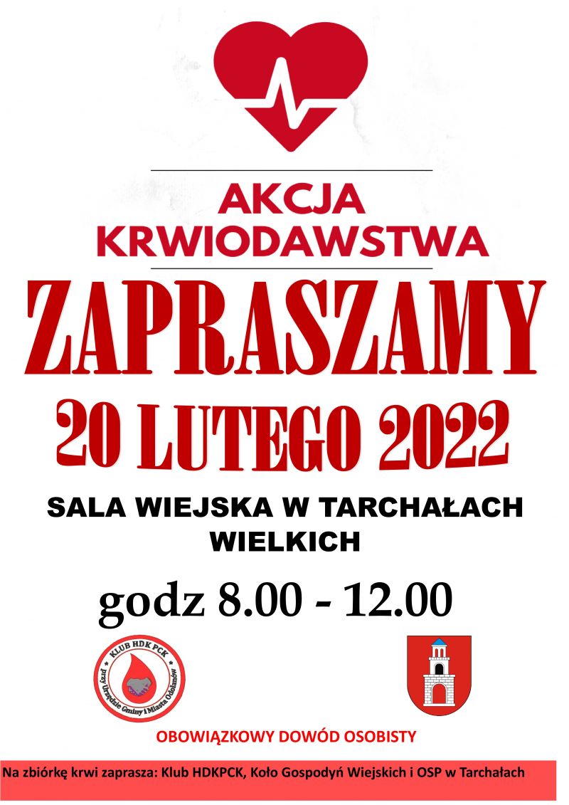 Zapraszamy 20 lutego w godzinach 8.00-12.00 do sali wiejskiej w Tarchałach Wielkich. Prosimy o zabranie dowodu osobistego!