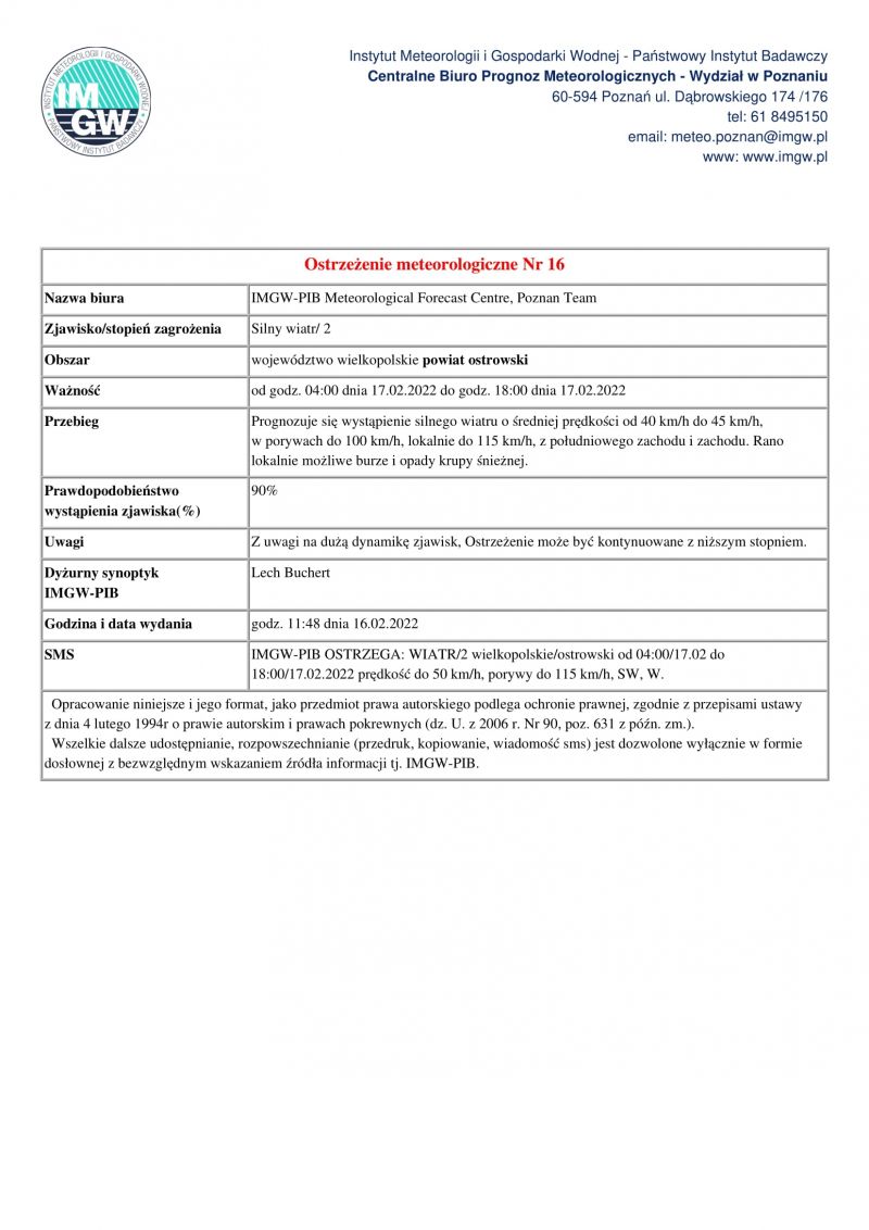 IMGW-PIB OSTRZEGA: WIATR/2 wielkopolskie/ostrowski od 04:00/17.02 do 18:00/17.02.2022 prędkość do 50 km/h, porywy do 115...