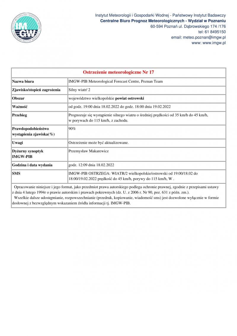 IMGW-PIB OSTRZEGA: WIATR/2 wielkopolskie/ostrowski od 19:00/18.02 do 18:00/19.02.2022 prędkość do 45 km/h, porywy do 115...