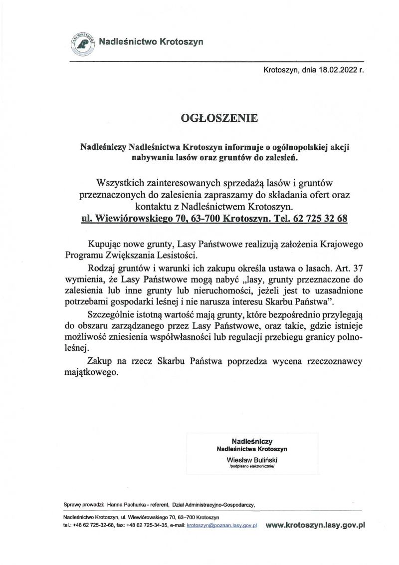 Wszystkich zainteresowanych sprzedażą gruntów i lasów przeznaczonych do zalesienia zapraszamy do składania ofert oraz...
