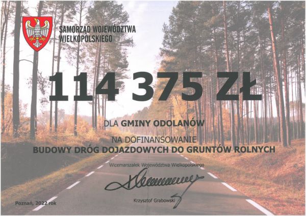 114 375 zł dla Gminy Odolanów na dofinansowanie budowy dróg dojazdowych do gruntów rolnych (Samorząd Województwa...