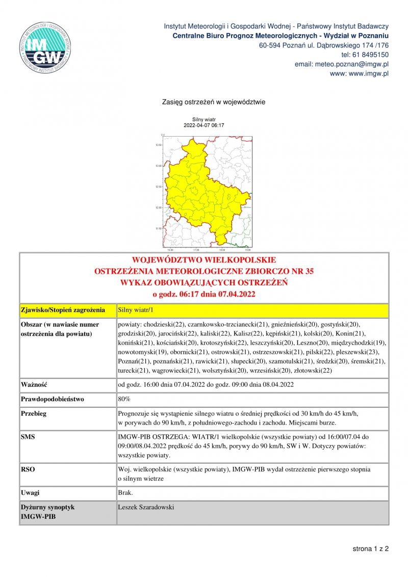 Prognozuje się wystąpienie silnego wiatru o średniej prędkości od 30 km/h do 45 km/h, w porywach do 90 km/h, z...