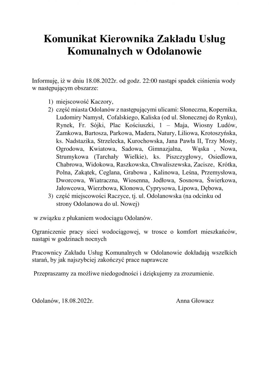 Ograniczenie pracy sieci wodociągowej, w trosce o komfort mieszkańców, nastąpi w godzinach nocnych