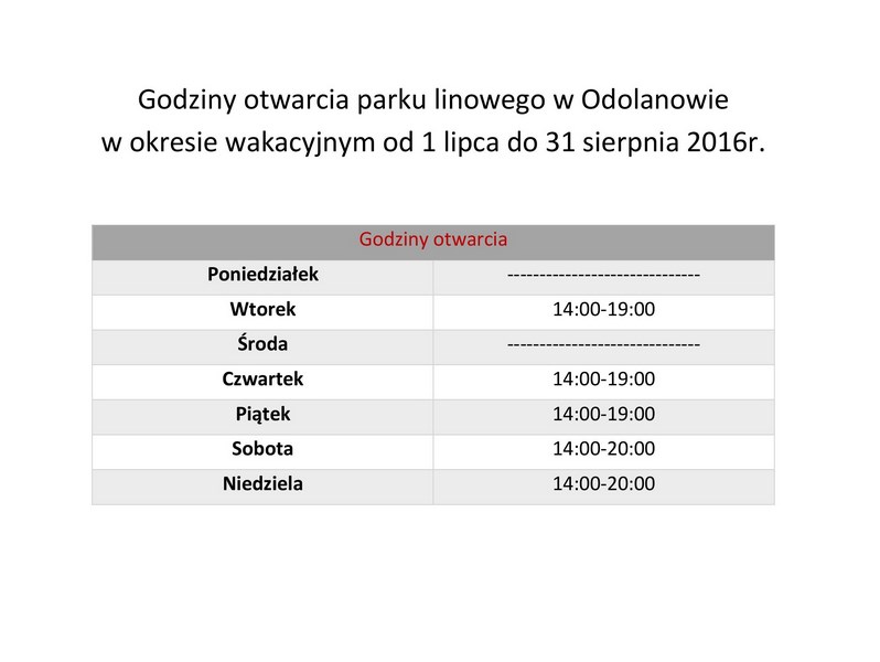 Godziny otwarcia parku linowego