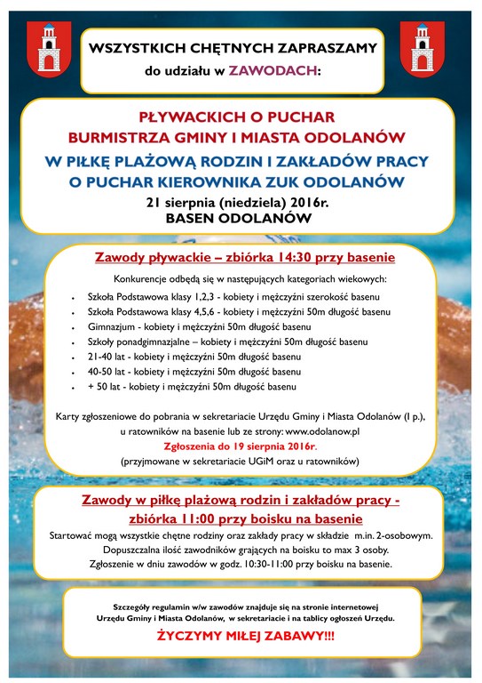 Plakat Zawody Pływackie i w Piłkę Plażową