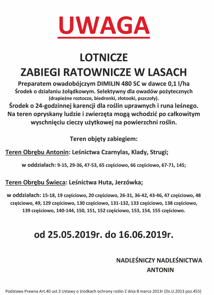 WAŻNE: lotnicze zabiegi ochronne w drzewostanach sosnowych na terenie naszej Gminy