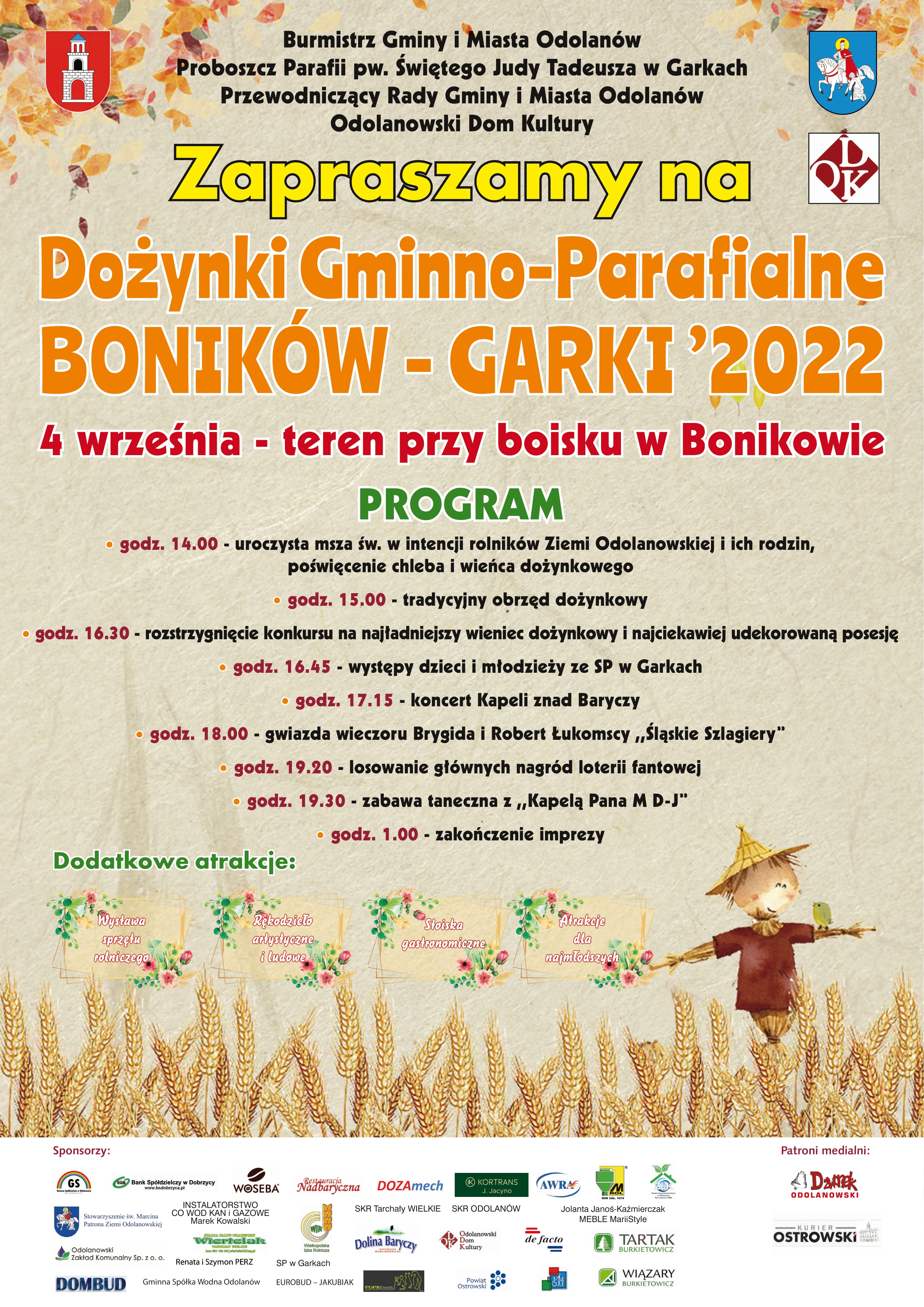 Zapraszamy na Dożynki Gminno-Parafialne Boników-Garki