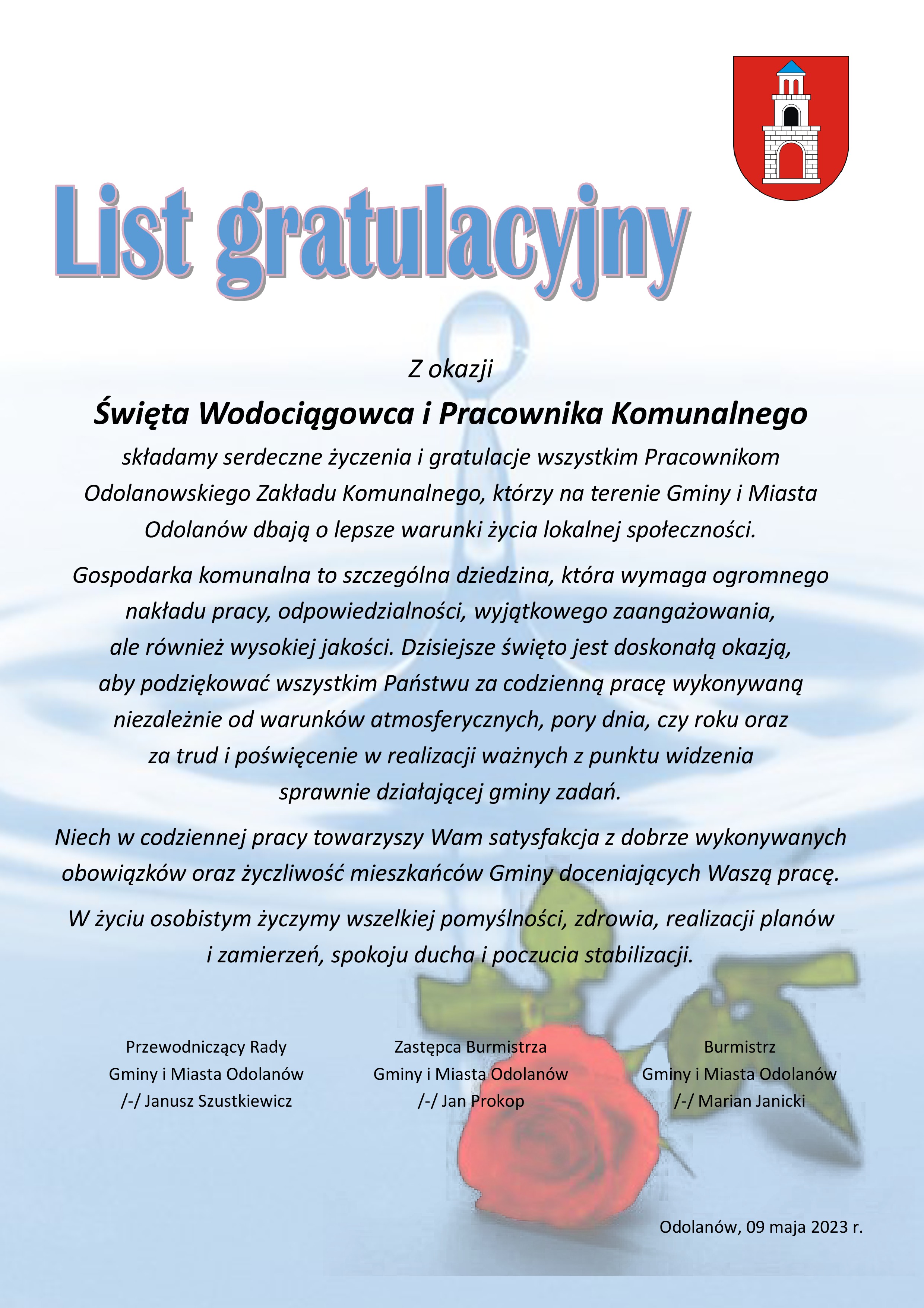 List gratulacyjny z okazji Święta Wodociągowca i Pracownika Komunalnego