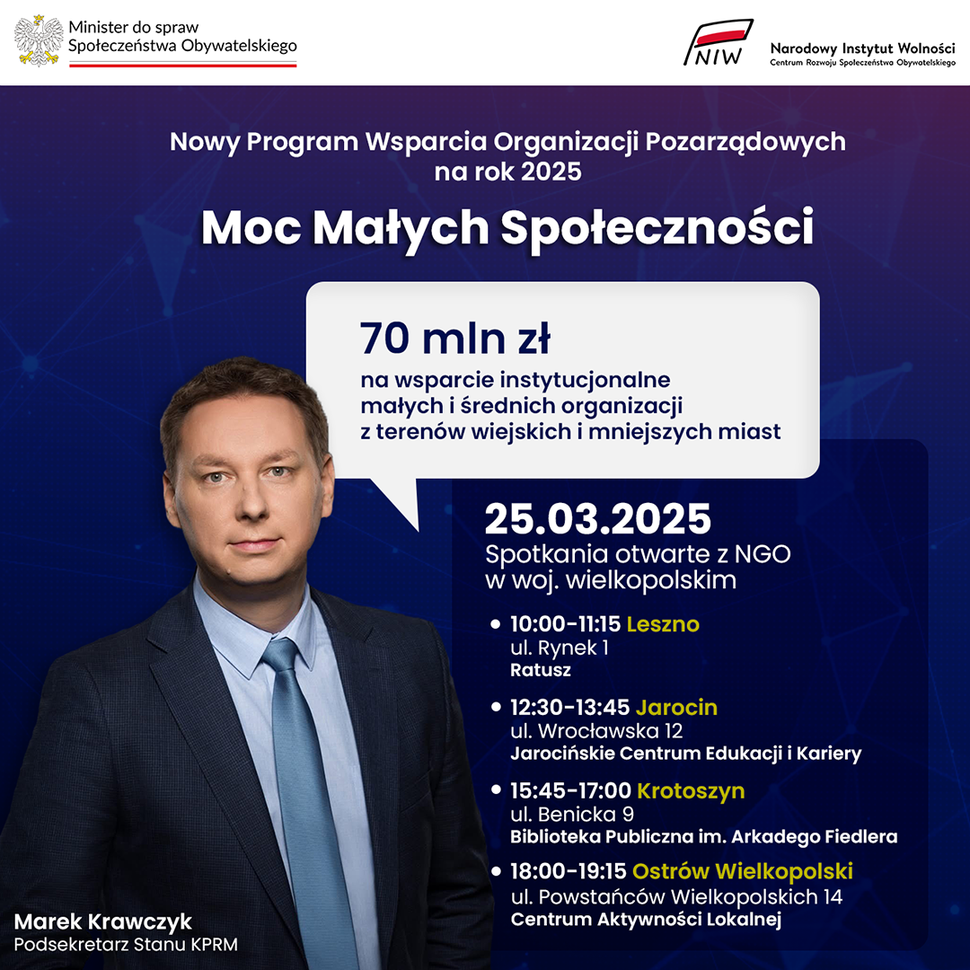Zapraszamy na cykl spotkań dotyczących nowego Rządowego Programu Wsparcia Organizacji Pozarządowych na rok 2025 – „Moc Małych Społeczności”.