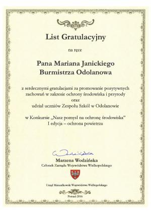 Podziękowanie za promowanie ochrony środowiska